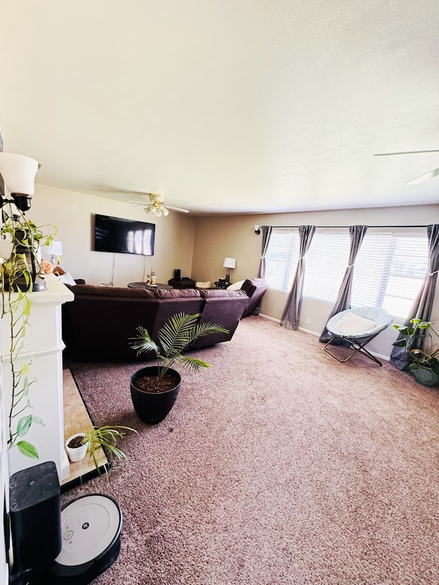 living room with carpet, ceiling fan, and a healthy amount of sunlight