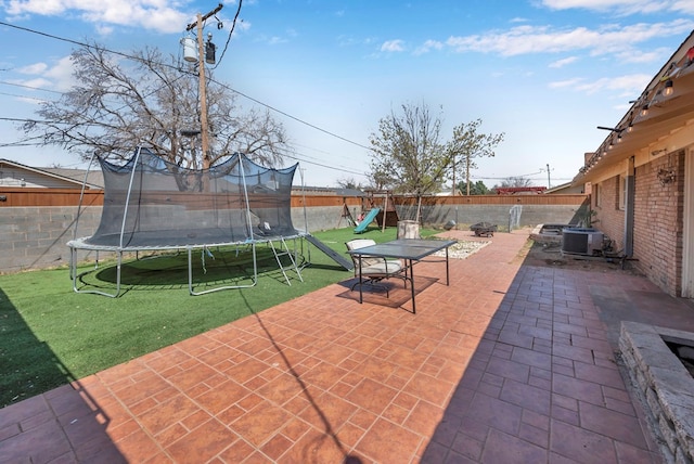 1002 Boyd Ave, Midland, TX 79705 - view of patio / terrace with a fenced backyard, a playground, central AC unit, and a trampoline