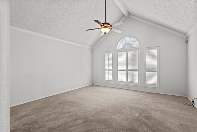 spare room with a ceiling fan, baseboards, carpet floors, vaulted ceiling with beams, and a textured ceiling