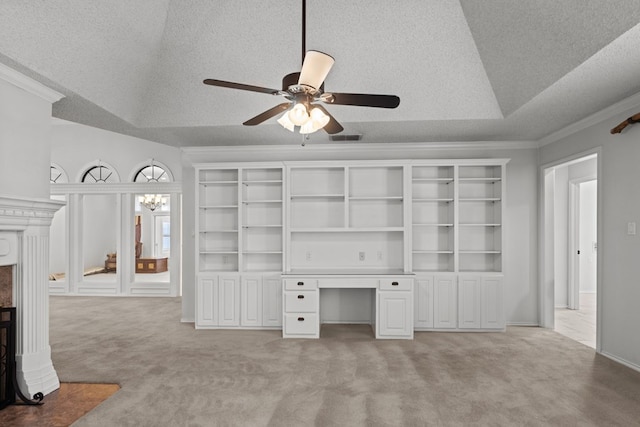 unfurnished living room featuring visible vents, light carpet, ornamental molding, and ceiling fan with notable chandelier