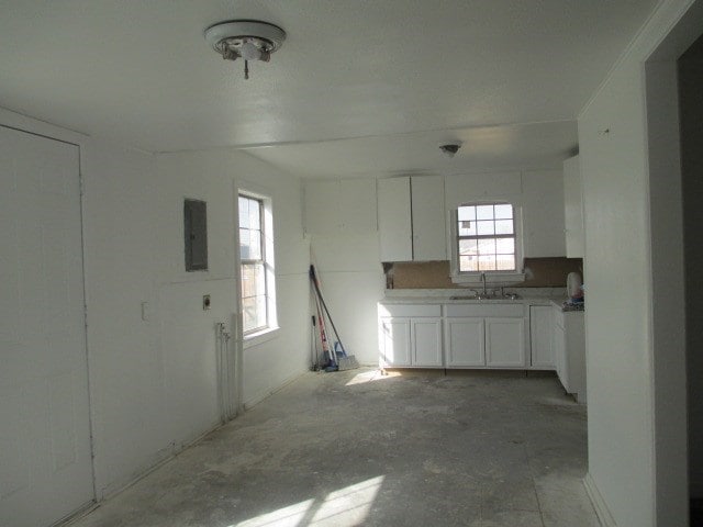 kitchen featuring electric panel, white cabinetry, and sink