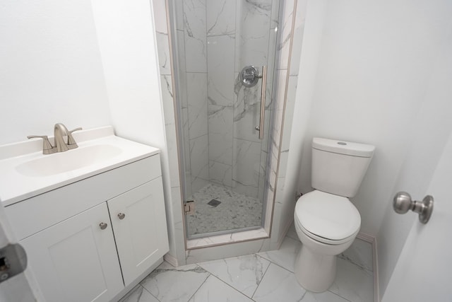 bathroom with a marble finish shower, toilet, marble finish floor, and vanity