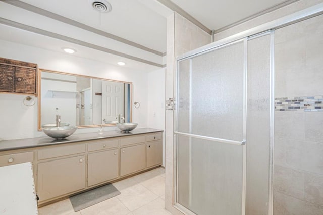 full bathroom featuring visible vents, tile patterned flooring, vanity, a shower stall, and recessed lighting