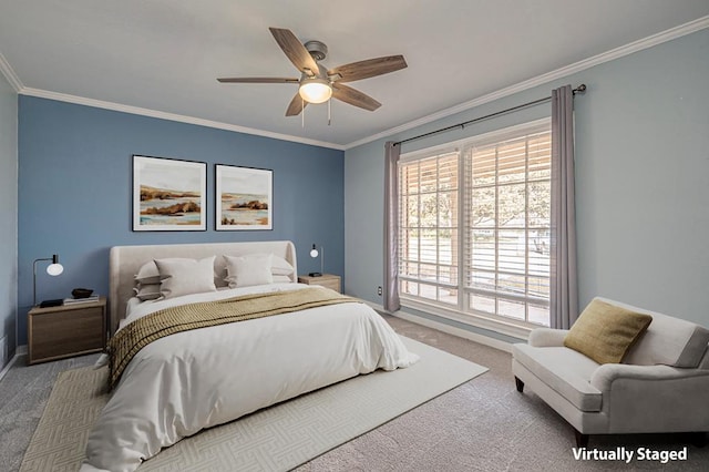 bedroom featuring ceiling fan, carpet flooring, and crown molding