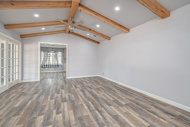 unfurnished living room featuring dark hardwood / wood-style flooring, vaulted ceiling with beams, french doors, and ceiling fan