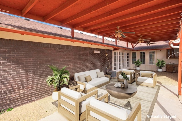 view of patio featuring ceiling fan, french doors, and outdoor lounge area