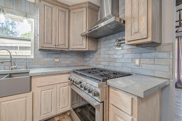 kitchen featuring ventilation hood, wood-type flooring, tasteful backsplash, sink, and stainless steel range with gas stovetop