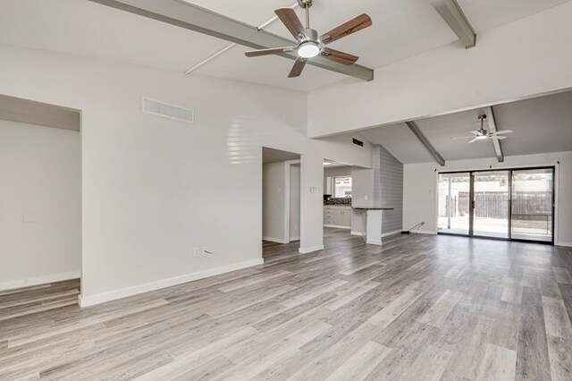 unfurnished living room featuring ceiling fan, lofted ceiling with beams, light wood finished floors, and visible vents