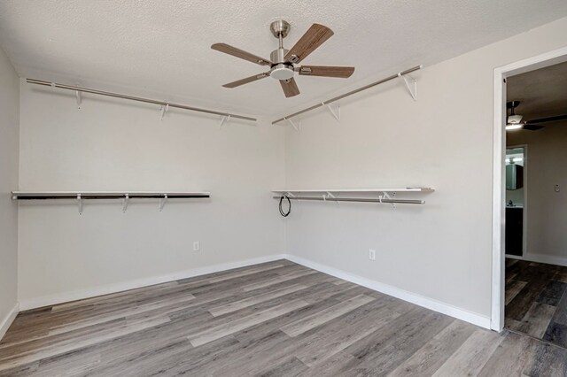 spacious closet with a ceiling fan and wood finished floors
