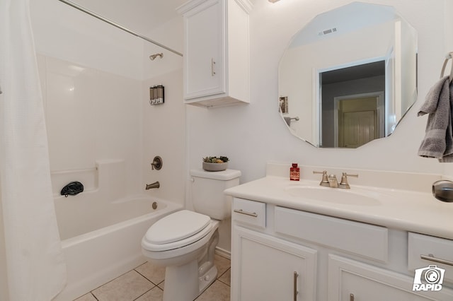 bathroom with visible vents, toilet, tile patterned floors, shower / bath combo with shower curtain, and vanity