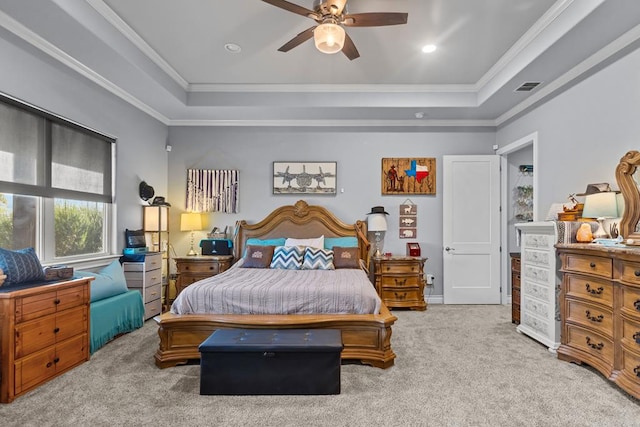 6811 Elkins Rd, Midland, TX 79705 - bedroom with a raised ceiling, carpet, crown molding, ceiling fan, and recessed lighting