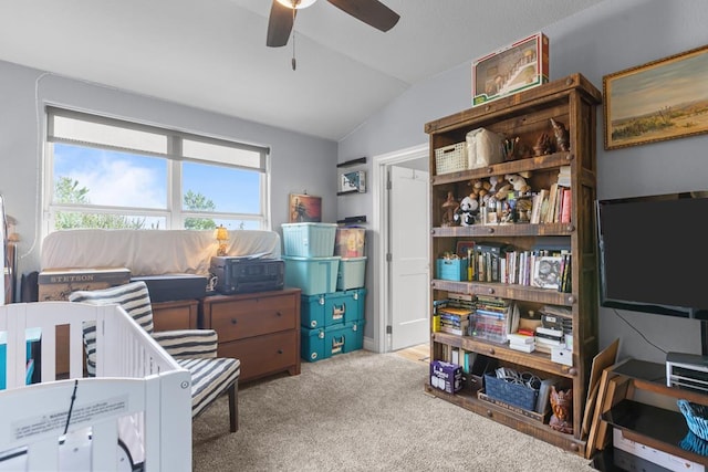 6811 Elkins Rd, Midland, TX 79705 - bedroom featuring lofted ceiling, carpet floors, and ceiling fan