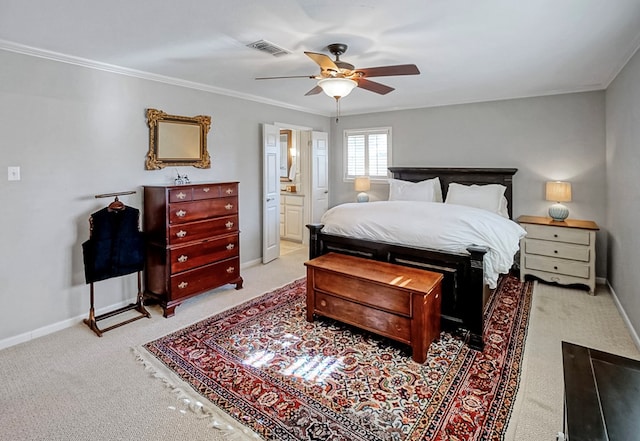 carpeted bedroom featuring crown molding, ceiling fan, and connected bathroom