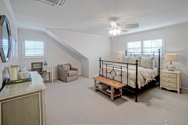 bedroom featuring multiple windows, light carpet, ornamental molding, and ceiling fan