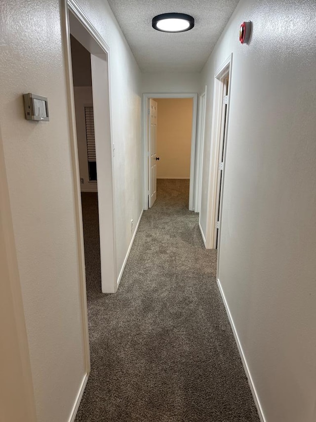 hallway featuring baseboards, a textured ceiling, and carpet