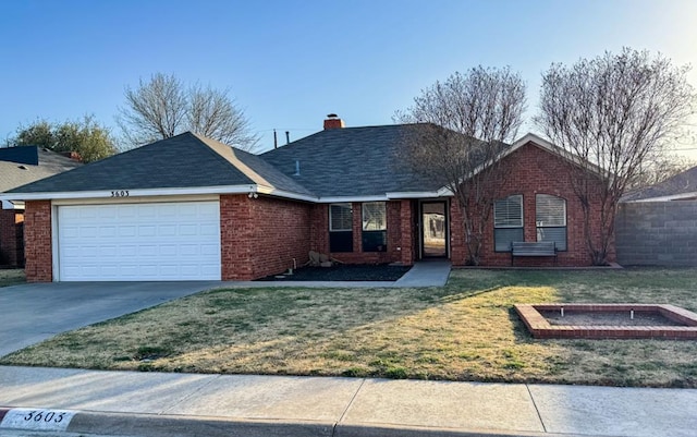 ranch-style house with brick siding, a front lawn, concrete driveway, a chimney, and an attached garage