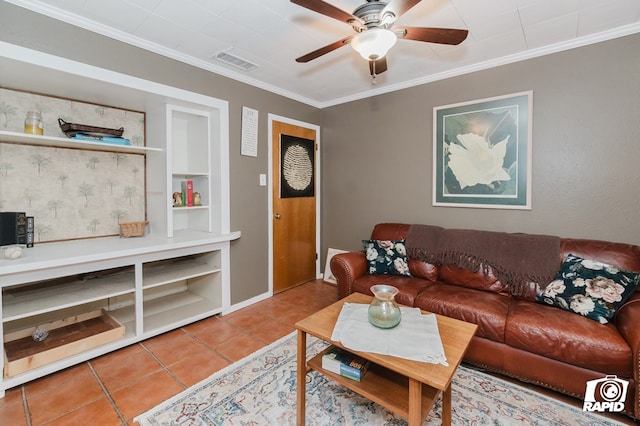 tiled living area with a ceiling fan, visible vents, built in features, and crown molding