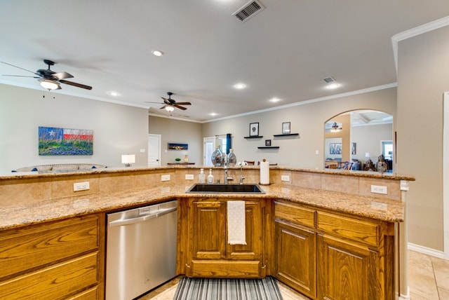 kitchen featuring open floor plan, visible vents, stainless steel dishwasher, and light stone countertops