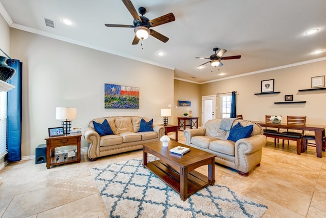 living area featuring baseboards, visible vents, ornamental molding, and recessed lighting