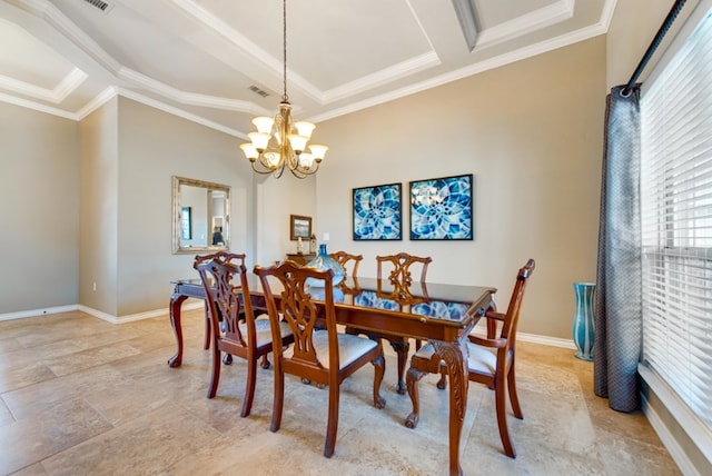 dining space featuring baseboards, visible vents, ornamental molding, and a notable chandelier