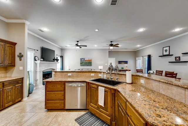 kitchen featuring open floor plan, visible vents, dishwasher, and a sink