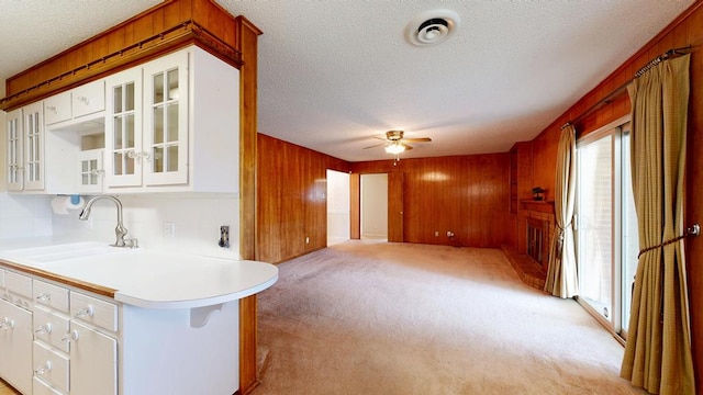 3525 Stanolind Ave, Midland, TX 79707 - kitchen featuring a textured ceiling, wooden walls, light countertops, light carpet, and a ceiling fan