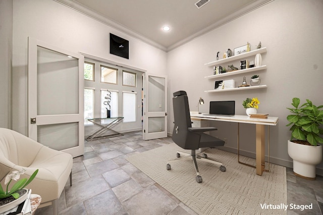 office featuring french doors and ornamental molding