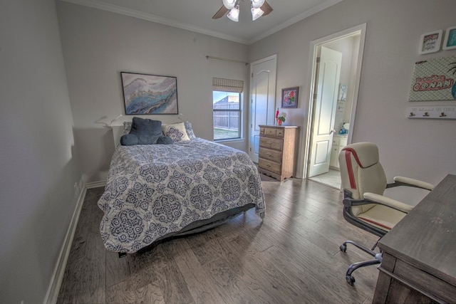 bedroom featuring ceiling fan, crown molding, baseboards, and wood finished floors