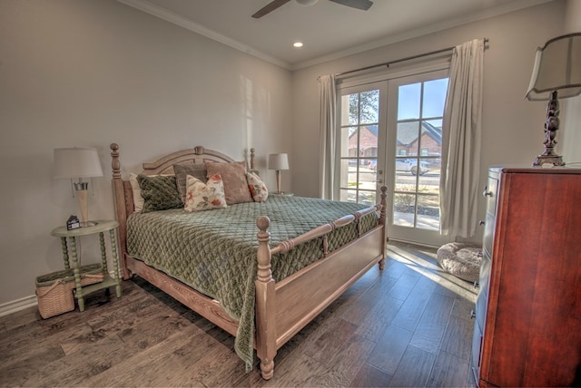 bedroom featuring access to exterior, ornamental molding, wood finished floors, and french doors