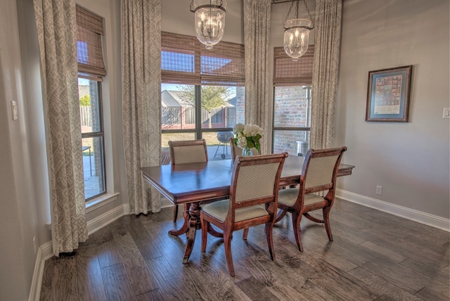 dining room with dark wood-style floors, a healthy amount of sunlight, and baseboards