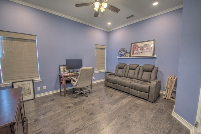 office area with baseboards, visible vents, wood finished floors, and ornamental molding