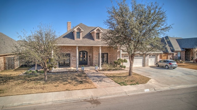 view of front facade featuring an attached garage, brick siding, fence, concrete driveway, and a chimney