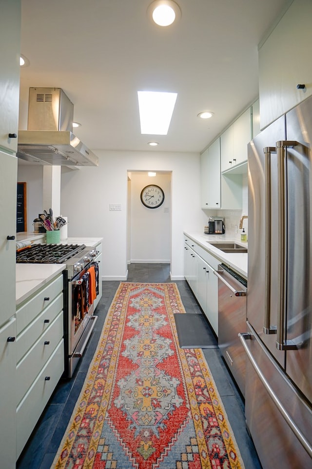 kitchen with sink, white cabinetry, island range hood, a skylight, and appliances with stainless steel finishes