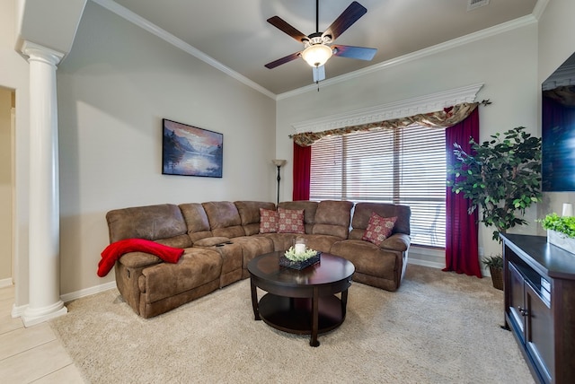 5913 Prairie Rdg, Midland, TX 79707 - carpeted living room with ceiling fan, baseboards, ornate columns, and crown molding
