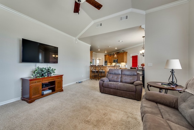 5913 Prairie Rdg, Midland, TX 79707 - living room featuring ceiling fan, baseboards, crown molding, and visible vents