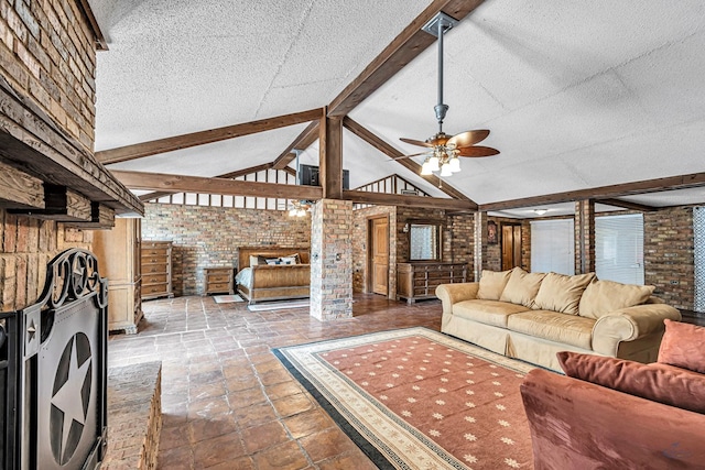 1510 W School St, Stanton, TX 79782 - living room featuring brick wall, ceiling fan, high vaulted ceiling, and a textured ceiling