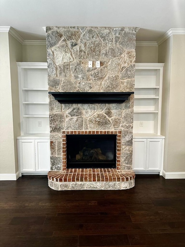 details with crown molding, wood finished floors, and a fireplace