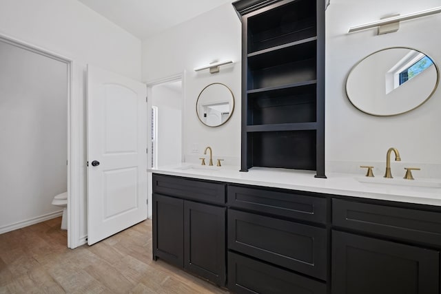 bathroom featuring vanity, wood-type flooring, and toilet