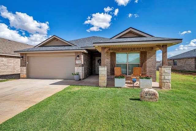 2408 Partridge St, Midland, TX 79705 - ranch-style house with a garage, roof with shingles, concrete driveway, brick siding, and a front yard