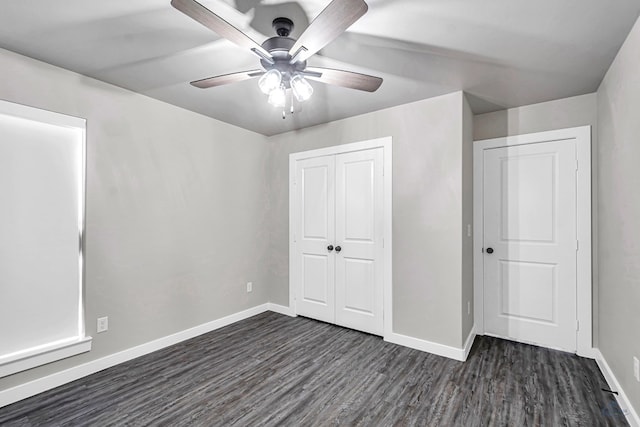 2408 Partridge St, Midland, TX 79705 - unfurnished bedroom featuring dark wood finished floors, a closet, and a ceiling fan