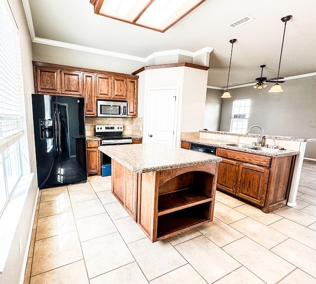 kitchen featuring a sink, a kitchen island, brown cabinetry, black appliances, and open shelves