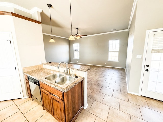 kitchen featuring brown cabinetry, a peninsula, crown molding, and a sink