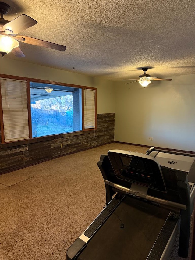 playroom featuring a textured ceiling, carpet, and wooden walls