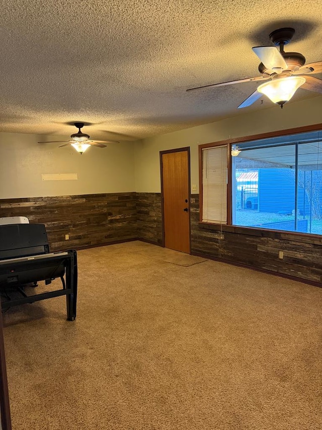 interior space with carpet, a textured ceiling, and wooden walls