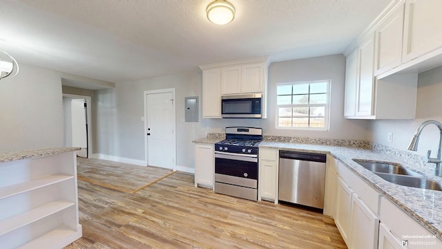 kitchen with a sink, white cabinetry, appliances with stainless steel finishes, electric panel, and light wood finished floors