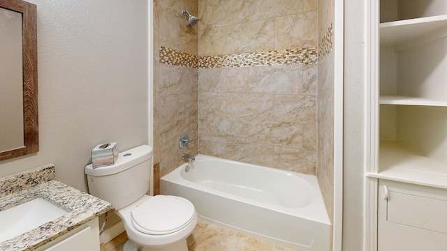 full bathroom with  shower combination, a textured wall, vanity, and toilet