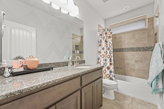 full bathroom with tile patterned floors, shower / bathtub combination with curtain, visible vents, toilet, and vanity