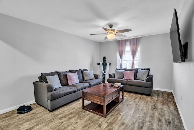 living room featuring ceiling fan and light hardwood / wood-style flooring