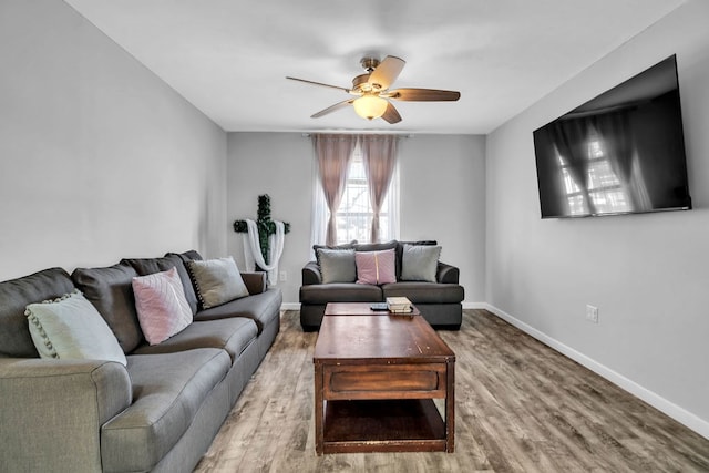 living room featuring hardwood / wood-style flooring and ceiling fan