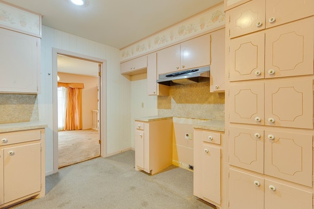 kitchen featuring light colored carpet and decorative backsplash